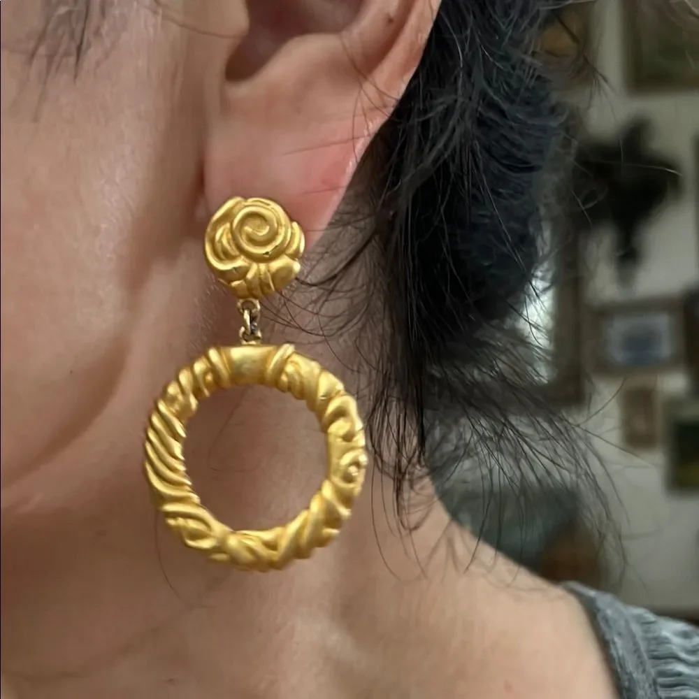 Gold Textured Hoop Earrings with Rosette Studs